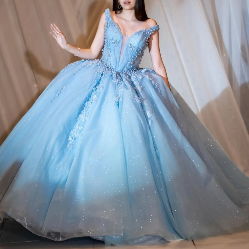 

Sky Blue Shiny Quinceanera Dresses Off The Shoulder Applique Lace Beading Tull Party Birthday Sweet 16 Dress Vestidos 15 De Anos