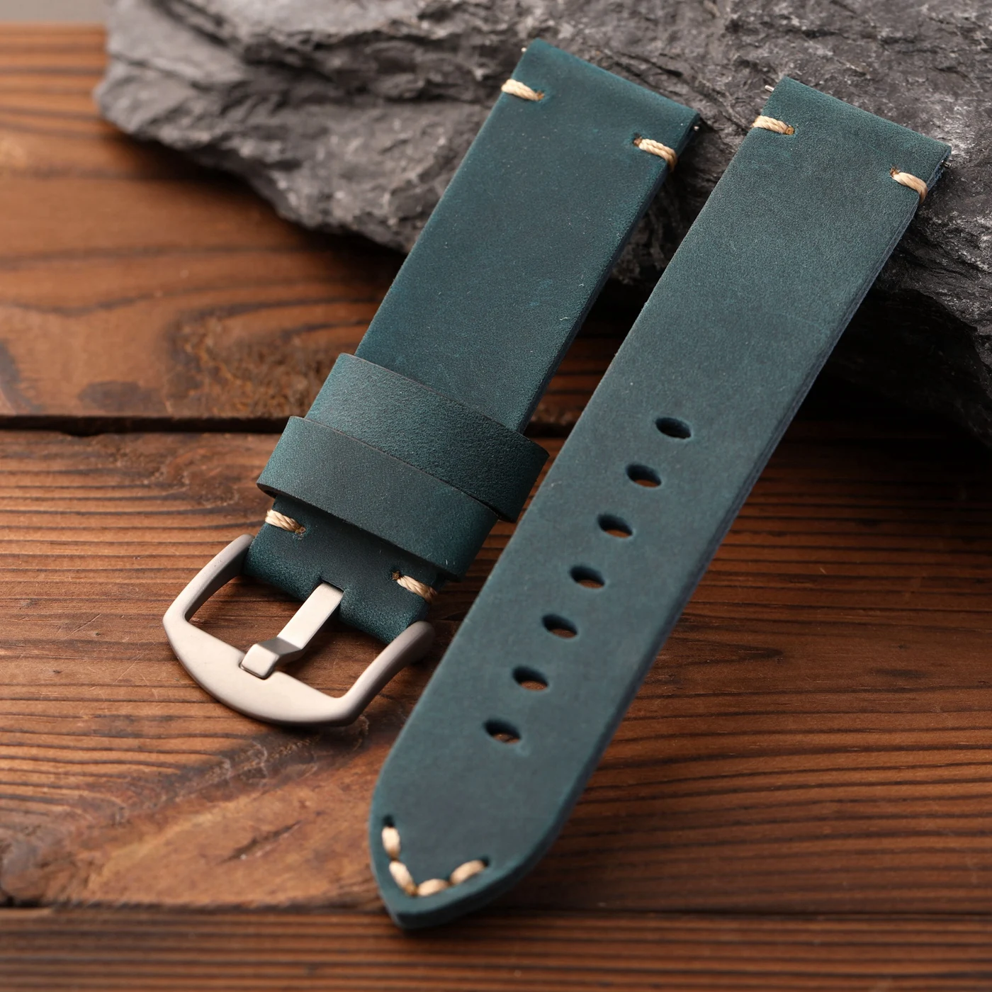 Handmade top layer cowhide strap, 24MM blue yellow genuine leather strap, vintage thick men's watchband