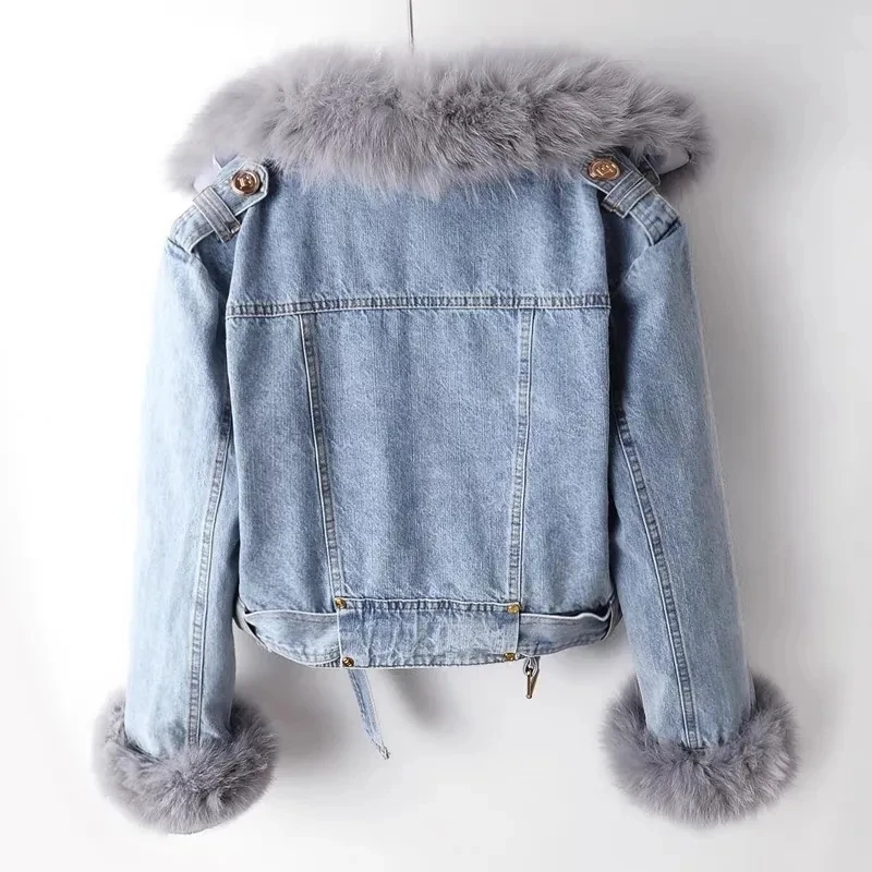 Streetwear 2023 Women Short Faux Fox Fur Collar Jean Coat Winter Jacket Female Warm Removable Inner Liner Parka Outwear Fashion