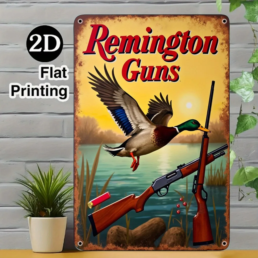 1 Stück 2D flaches Vintage-Enten-Jagd- und Gewehr-Metallschild – rustikale, lebendige Aluminiumkunst, Dekor für Zuhause/Bar/Garage/im Freien