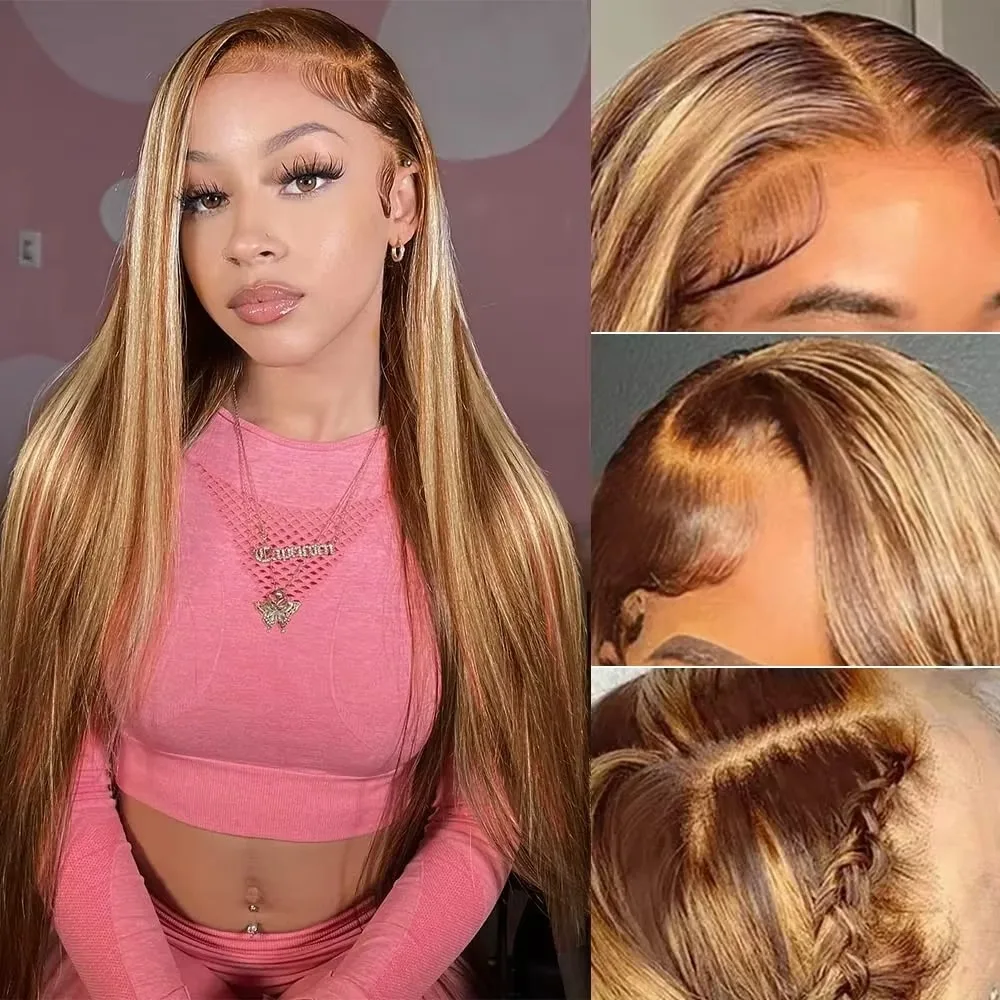 427 Ombre Highlight Glatte Echthaarperücken 13X4 HD Lace Frontal Perücke Honigblond Gefärbte Brasilianische Perücke Original 13X4 für Frauen