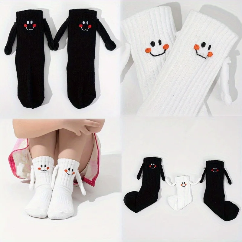 1 Pair Unisex Kids Mid-Calf Socks with Smiley Face & Hand-in-Hand Embroidery, Soft Breathable Cute for Boys & Girls