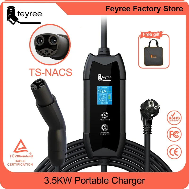 

feyree EV Charger Portable 3.5kW Tesla NACS Charger Plug 1.8" LCD Screen with Set Delay Schedule Charging Station for Tesla Cars