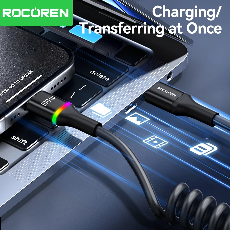 Rocoren PD 100W USB C para Tipo C Cabo de mola de carregamento rápido Cabo de dados flexível para iPhone 16 15 pro MacBook Samsung Xiaomi