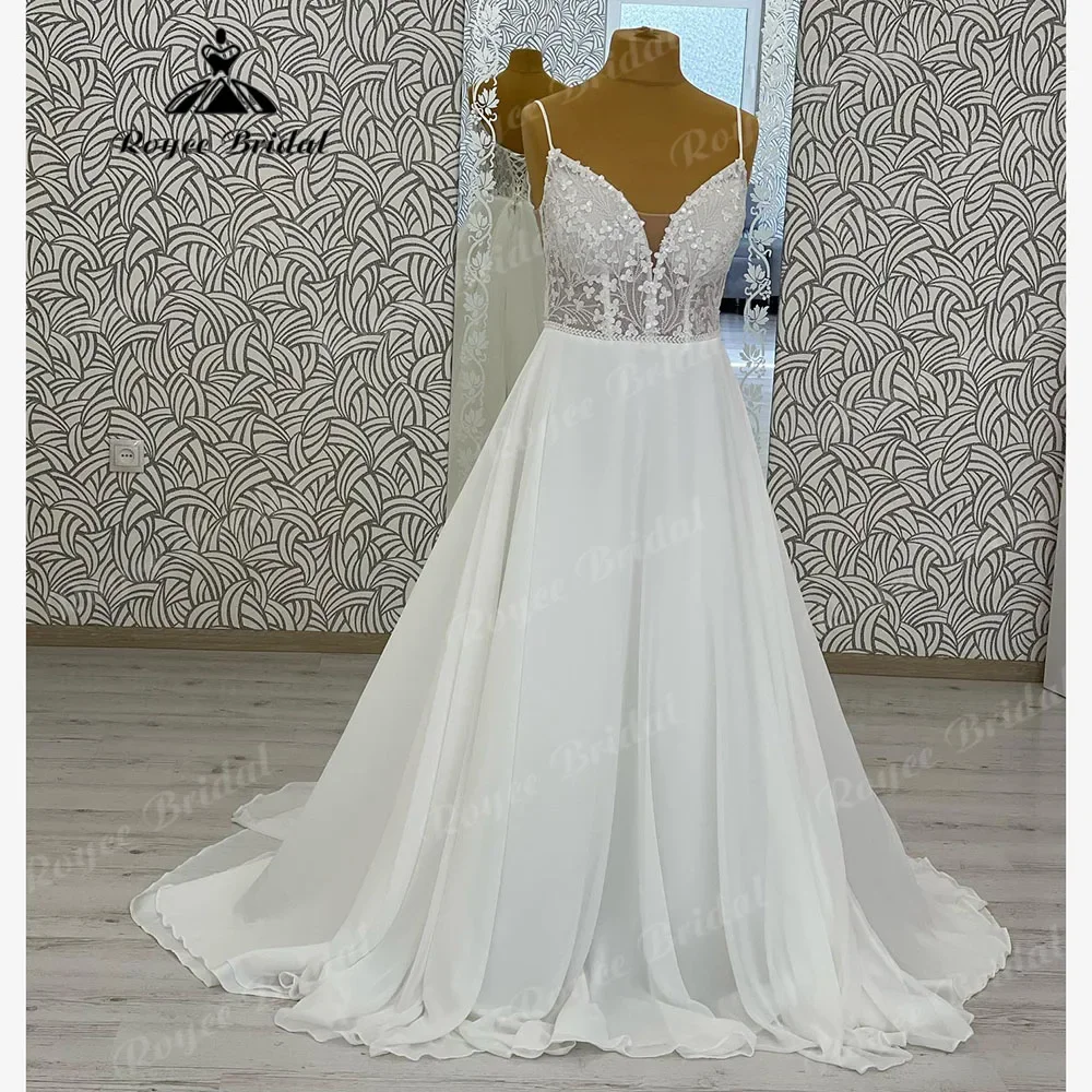 Bescheidene Spaghettiträger, Boho-Stil, V-Ausschnitt, Spitze, Chiffon, Hochzeitskleid für Frauen, 2025, Brautkleid nach Maß, Vestido Casamento Civil