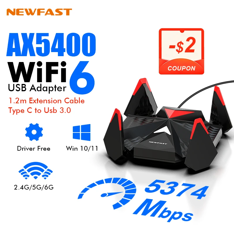 Newfast Adaptador Wifi 6 Usb 3.0 Adapter AX5400 6G/5G/2G High Gain Antena Para Wifi6 PC Cle Network Card ReceiverExtension Cable