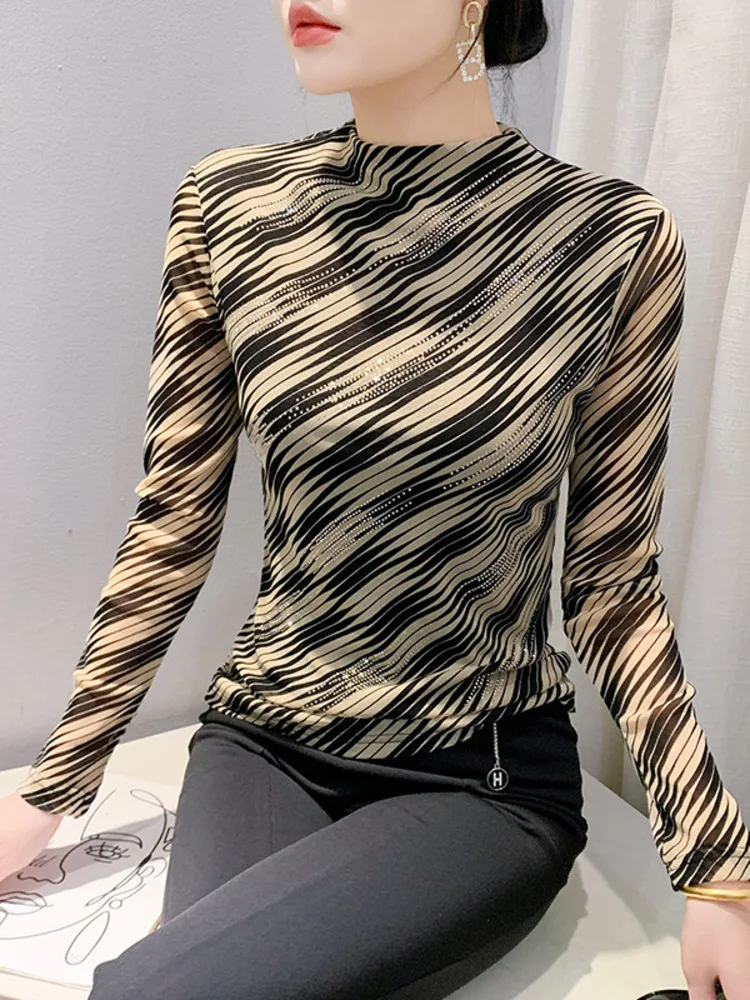 New Temperament Versatile Slim Fit Half High Collar Printed Rhinestone Long Sleeved Mesh Base Shirt For Women