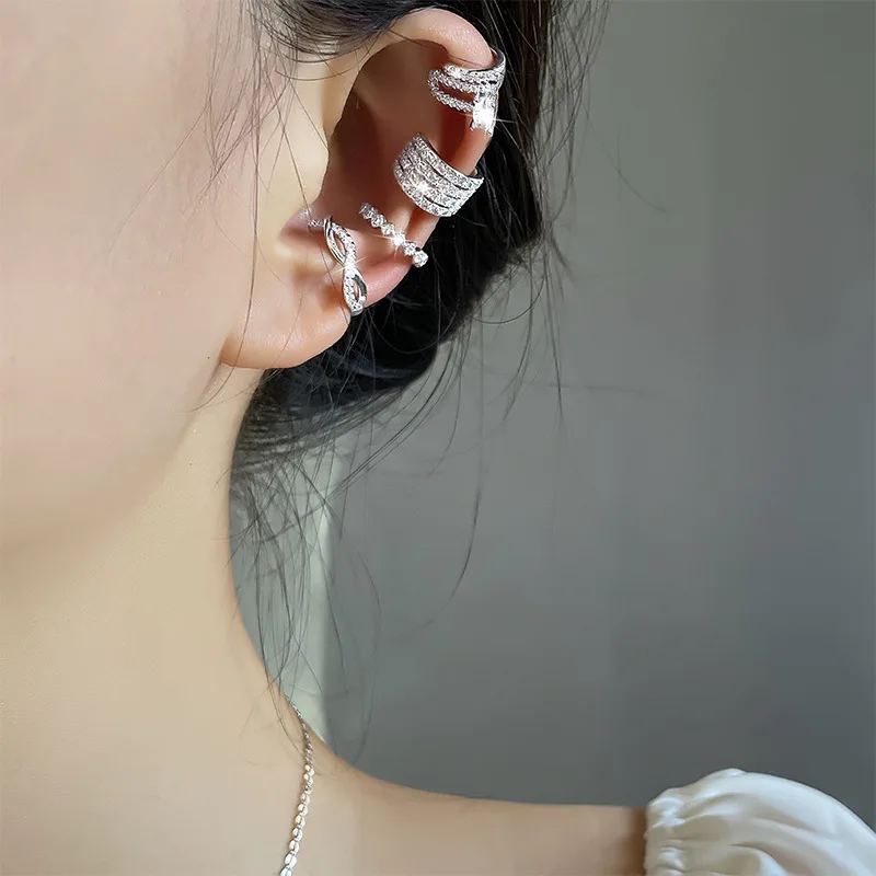 WLP Luxury Silver Color Rhinestone Multi Layer Ear Cuff Earrings Without Piercing for Women Non-pierced Ear Clip Earring Jewelry