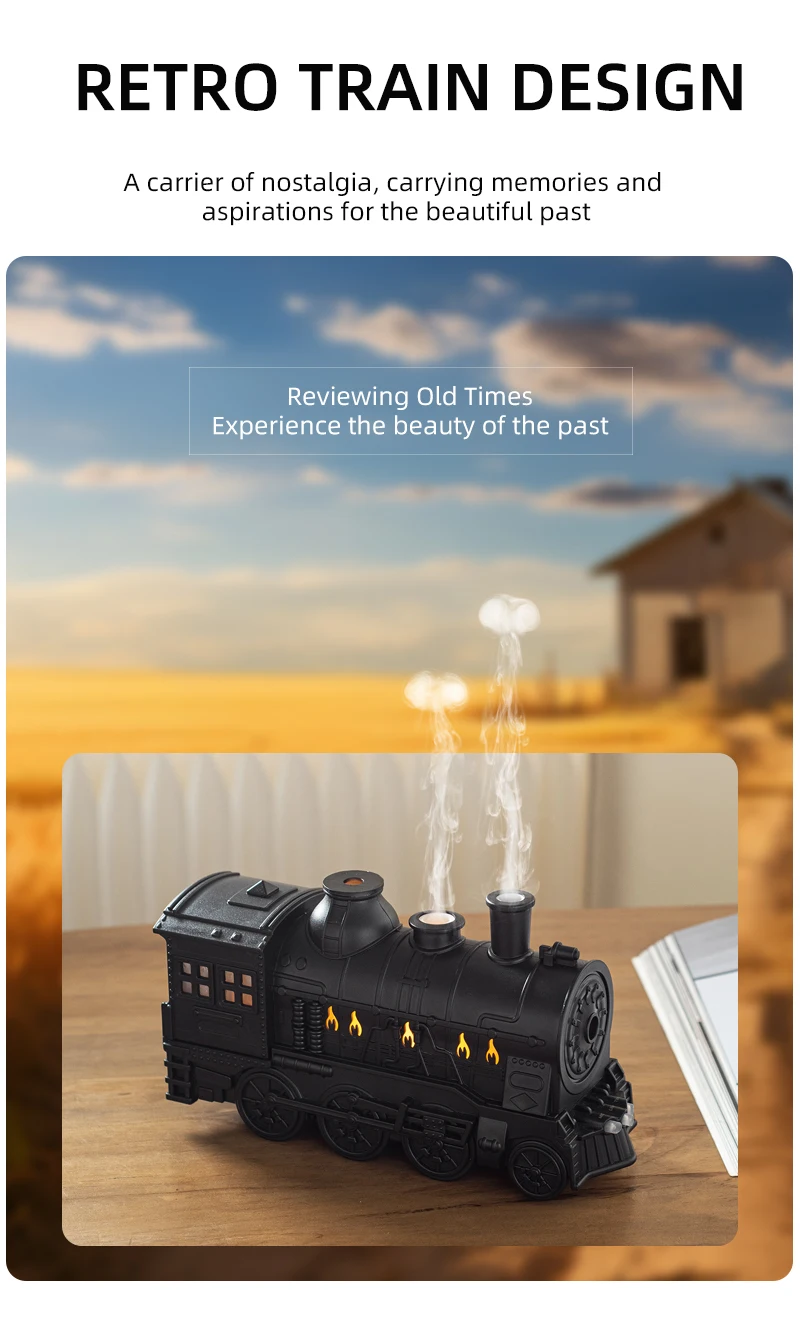 Creative Vintage Train Locomotive Air Humidifier Aromatherapy Diffuser Sprayer with Jellyfish Smoke Ring /Essential Oil Set