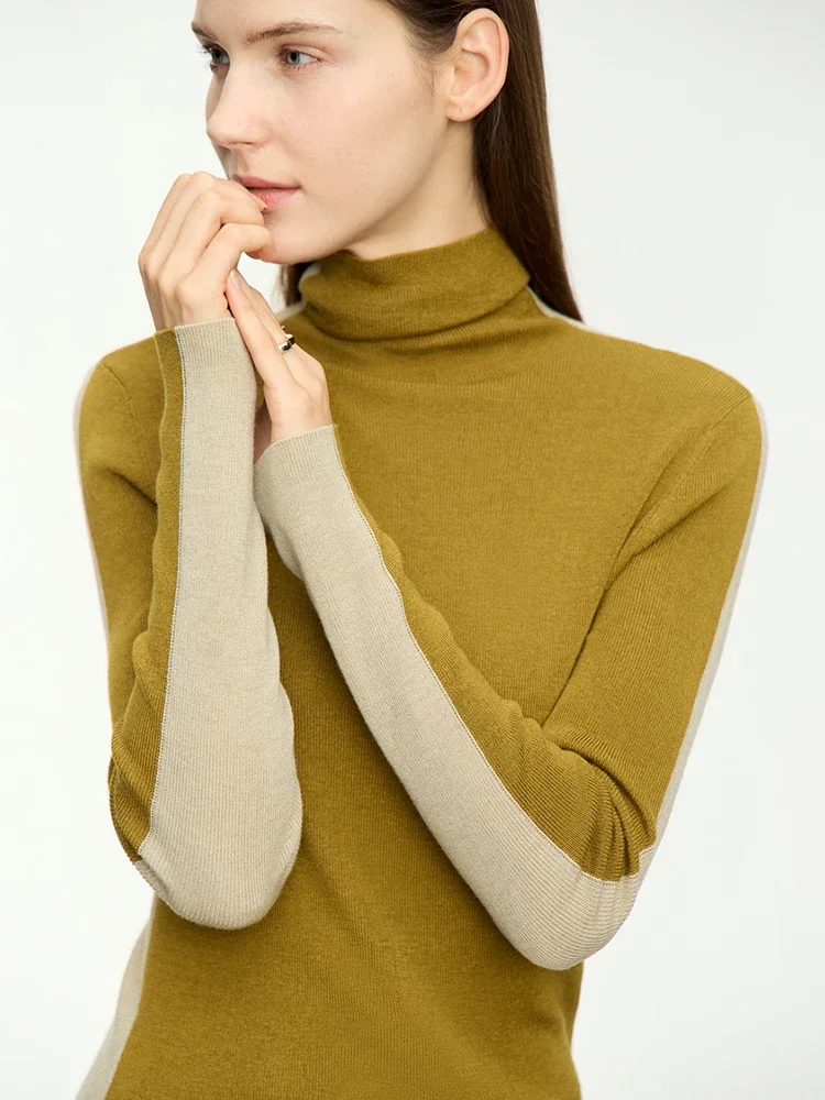 

AMII Minimalism Patchwork Women Sweater 2024 Spring Slim Turtleneck Long Sleeve Two Side Wear Wool Sweaters Knitted Top 12363001