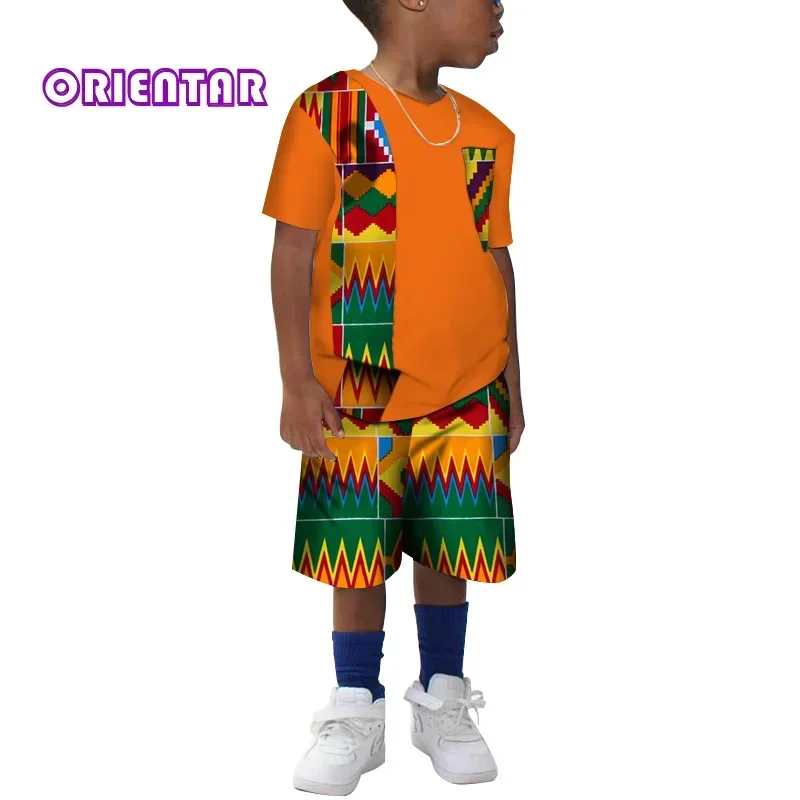 Vêtements africains en coton imprimé pour enfants, chemise à manches courtes Dashiki et pantalon court pour garçons, ensemble de 2 pièces, WYT214