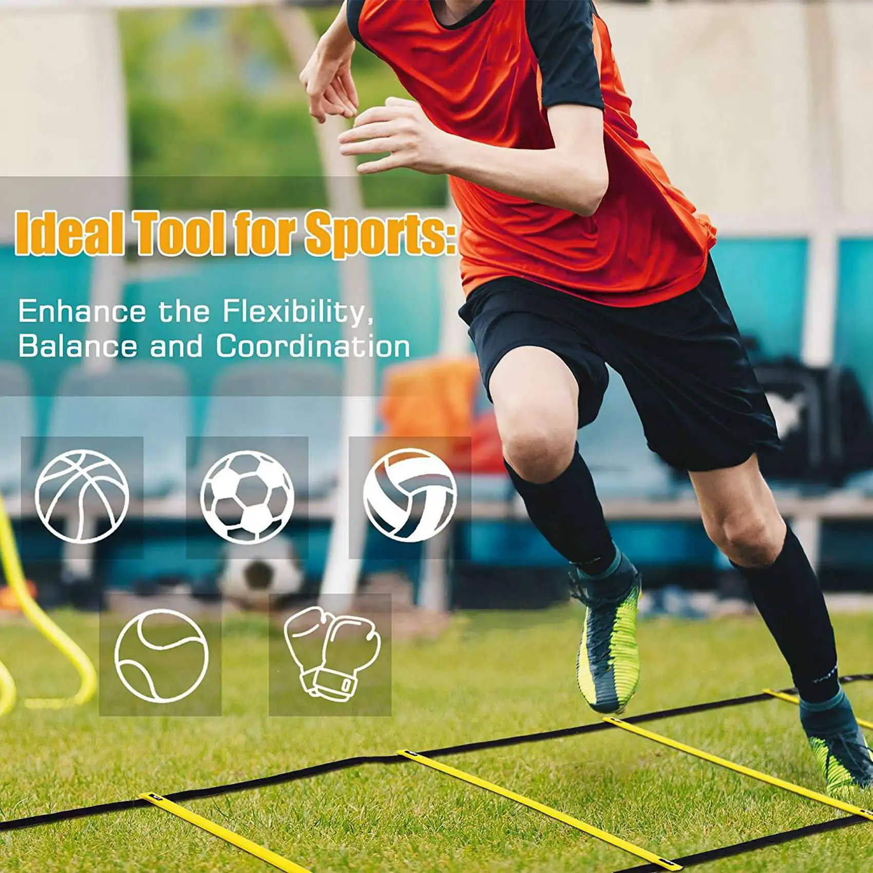 Sports Speed Agility Training Set 24 Disc Cones 8 Steel Stakes and Agility Ladder for Football Basketball Rugby Track