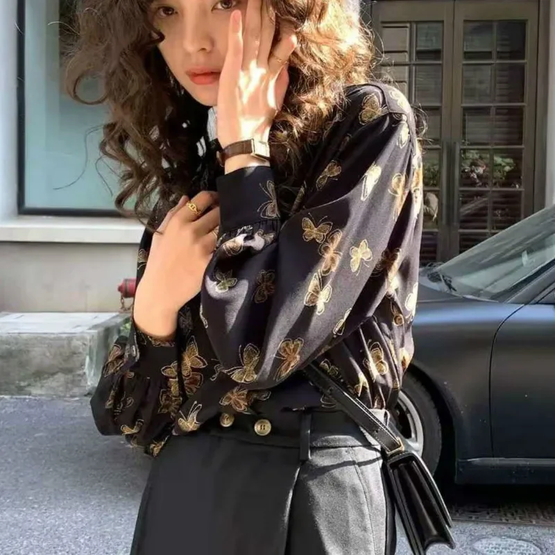 Shirts Women Loose Print Long Sleeve Vintage Creativity Popular Korean Style Streetwear Stylish Chic Feminino Blouses All-match