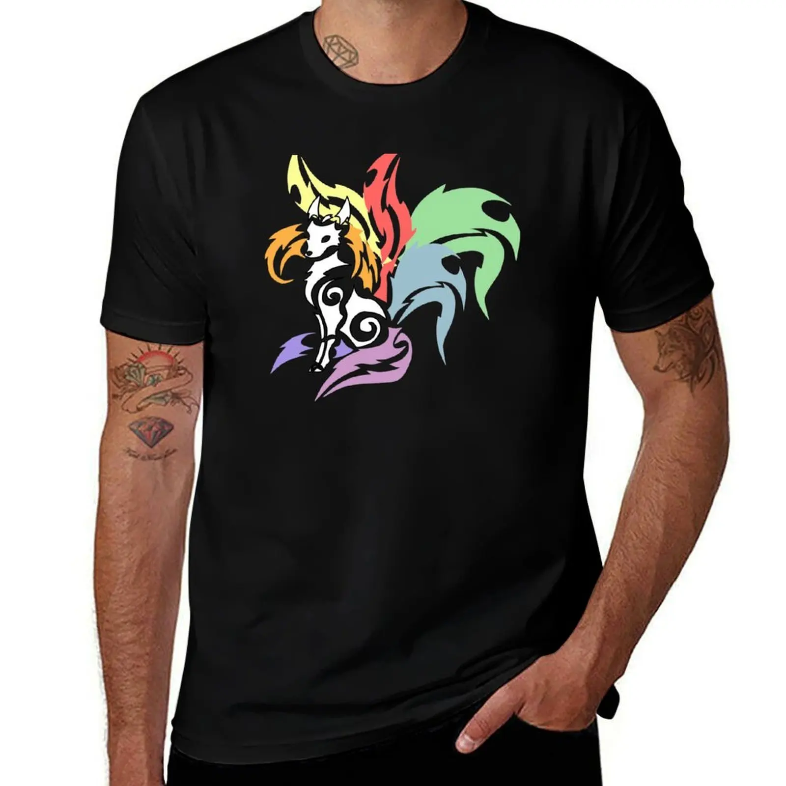 

Seven Tailed Fox Kitsune Gumiho with rainbow tails T-Shirt Casual Loose Daily Wear T-Shirt