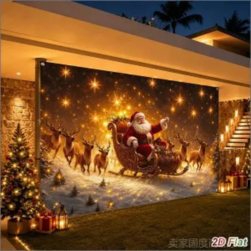 VIKAMA Santa Sleigh Christmas Wall Tapestry Reindeer Snow Night Scene Wall Hanging Backdrop for Holiday Home Decoration