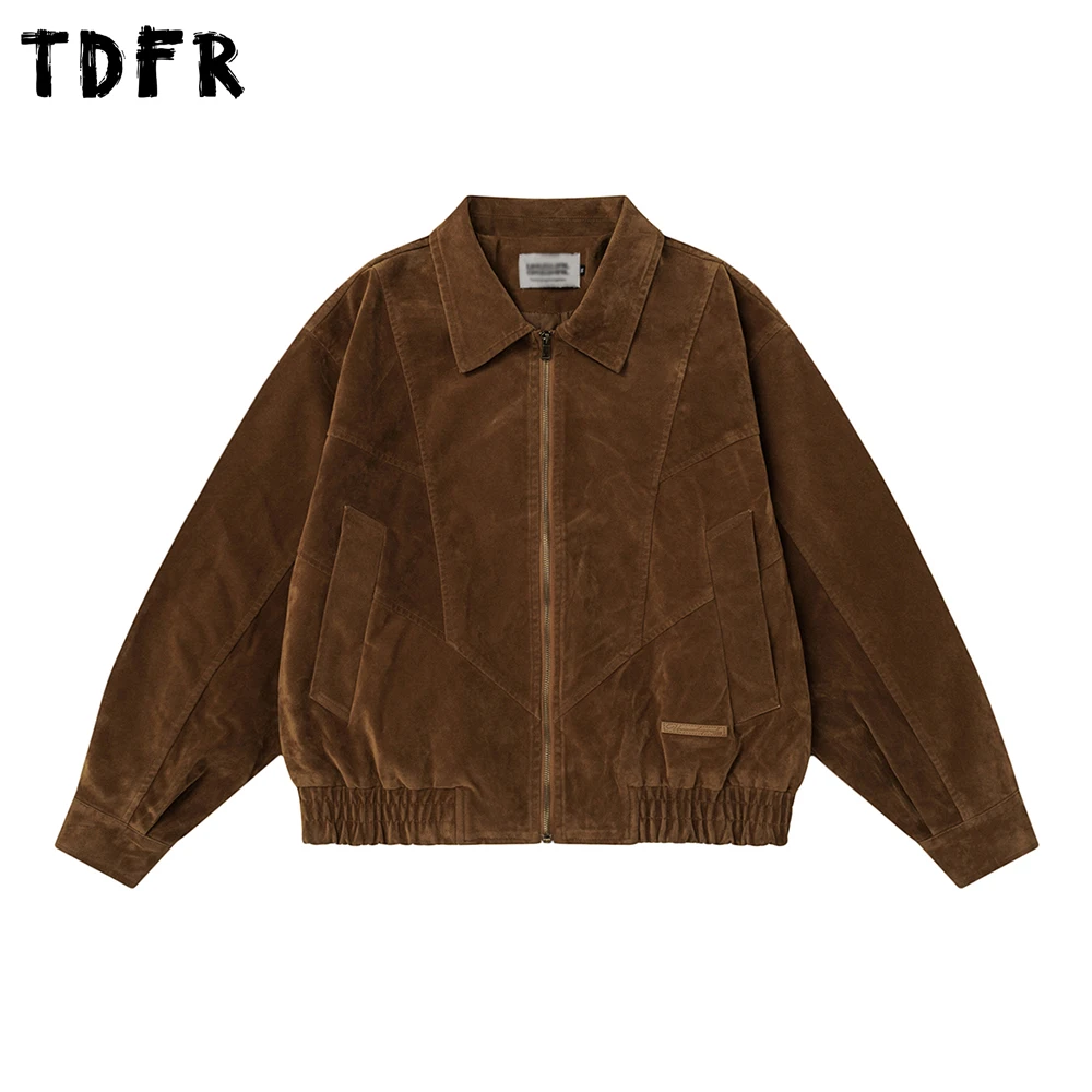 

Retro Spliced Suede Jacket Mens Pocket Autumn Casual Loose Lapel Long Sleeve Outerwear Man