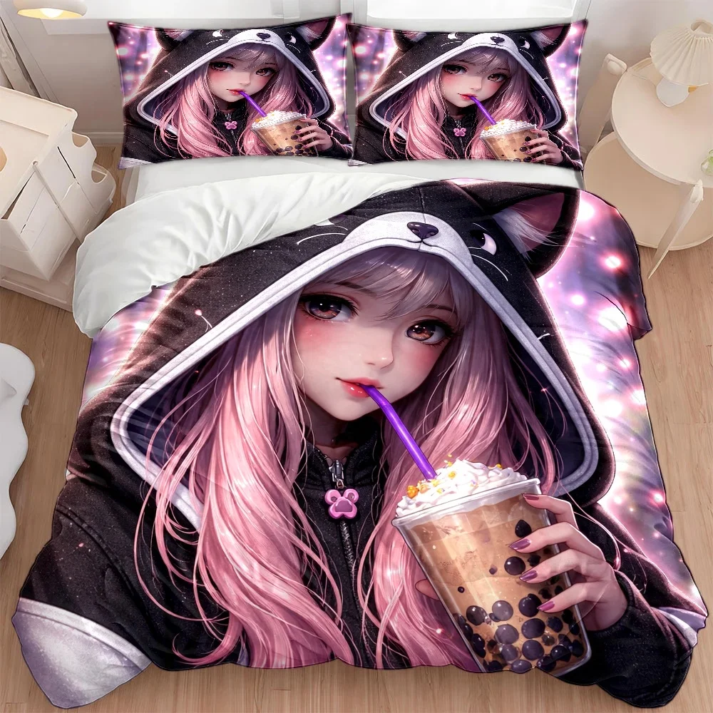 3Pc Cartoon Cat-Eared Girl Pearl Milk Tea Theme Duvet Cover Set, Three-Piece Bedding Set (1*Duvet Cover + 2*Pillowcases), Suitable for All Seasons, Machine Washable, Can Be Used in Home, Dormitory, Master Bedroom, Guest Room, Invisible Zipper Double Bed Cover, Anime-Style Bedding Set, Fresh and Cute Printed Bed Cover Set, Student Apartment Home Bedding, Easy to Clean, Skin-Friendly, Breathable Bedding Set, Trendy Anime-Inspired Bedroom Decor