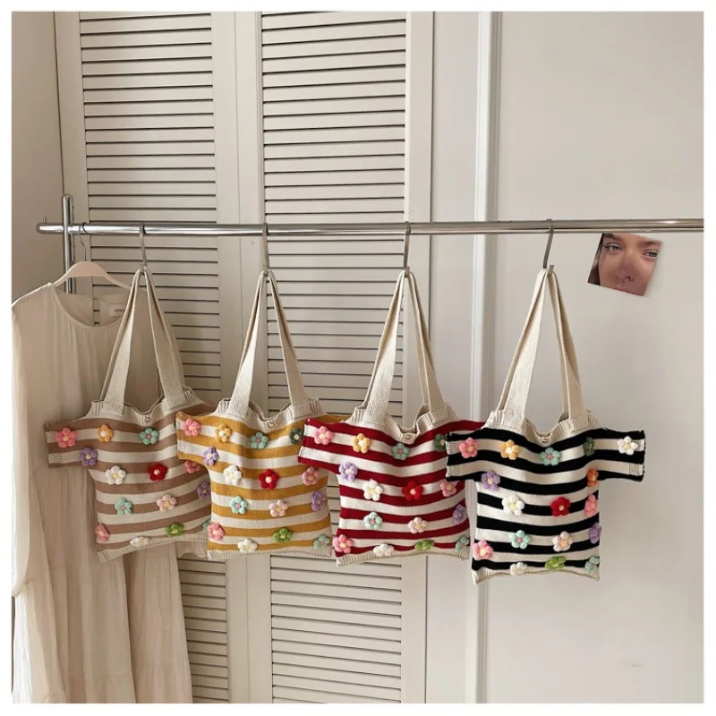 

Летняя модная молодежная пляжная сумка большой вместимости, хит продаж, в стиле бохо, вязаная крючком, с цветочным и полосатым узором, ручной работы, сумка-тоут