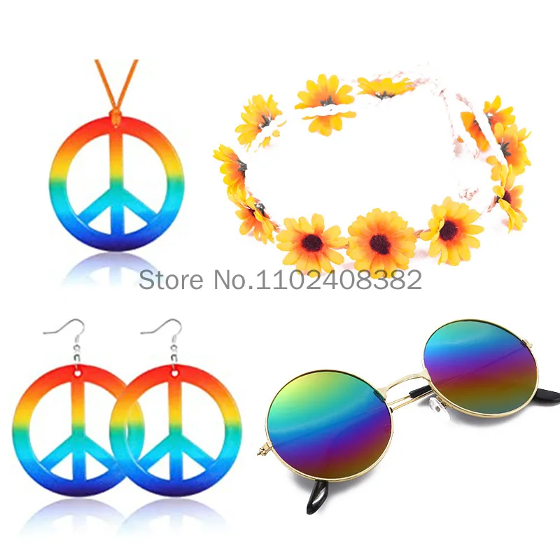 50s 60s 70s 80s Hippie Cosplay Accessories Halloween Party Props Daisy Headband Sunglasses Peace Necklace Hippie Custome Set