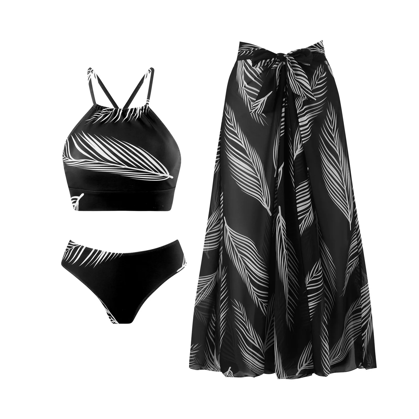 

hot spring Gather bikini sexy high waisted leaf split swimsuit set wholesale chiffon long skirt sheer