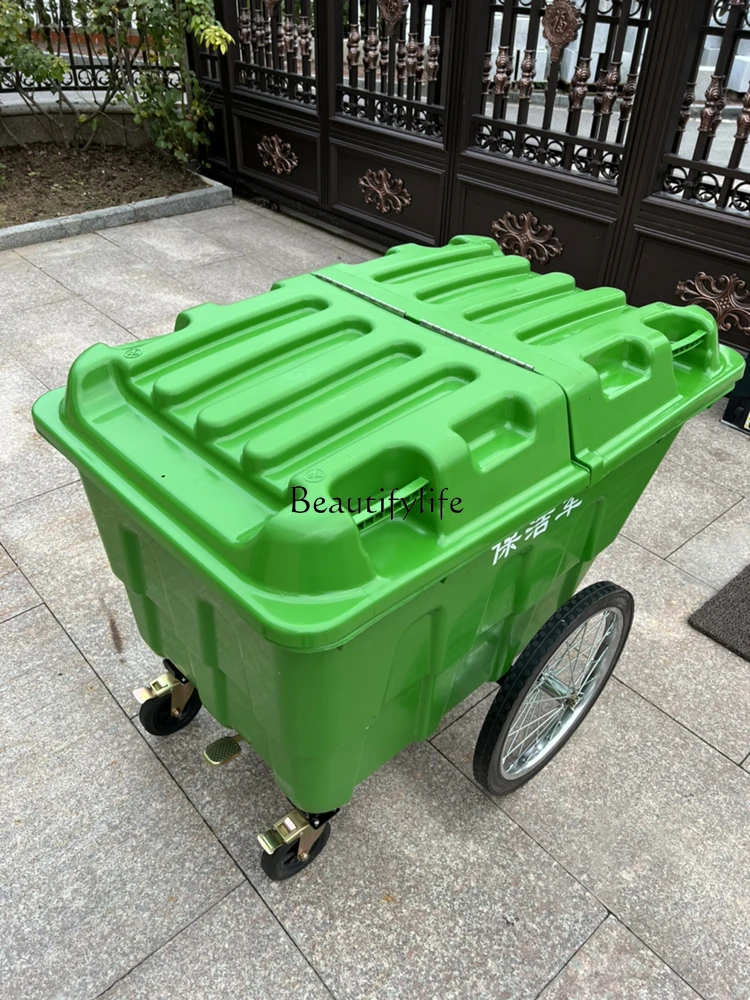 Plastic Sanitation Cleaning Truck Mobile Trash Can Rubbish Collector Hand Push Outdoor