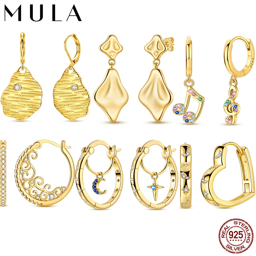 Brincos Mula Original em Prata Esterlina 925 com Zircônia Dourada Sol e Lua, Brincos de Argola Coloridos para Mulheres, Joias Finas para Festas