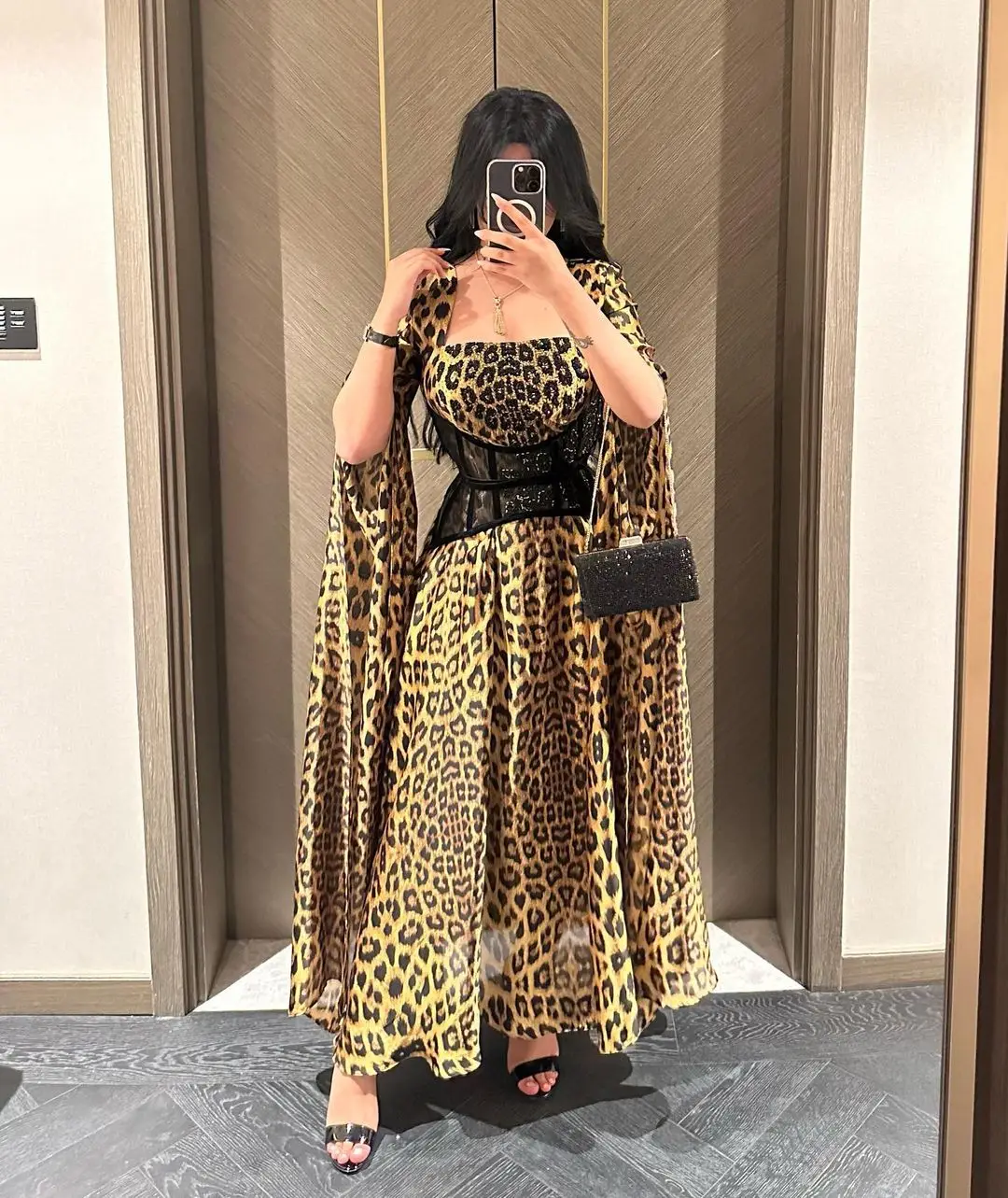 Leopard Print Long Split Sleeves Prom Dresses Arabia Fashion Square Neck A-Line Evening Dresses Formal Occasion Party Gown