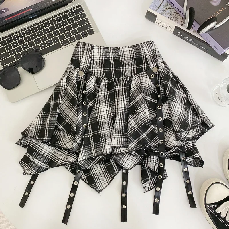 Minirok met hangende doorvoertule Gelaagde ruches Hoge taille Tartan rok Dames Tiener-meisje Grunge Punk Rock Y2K Outfit