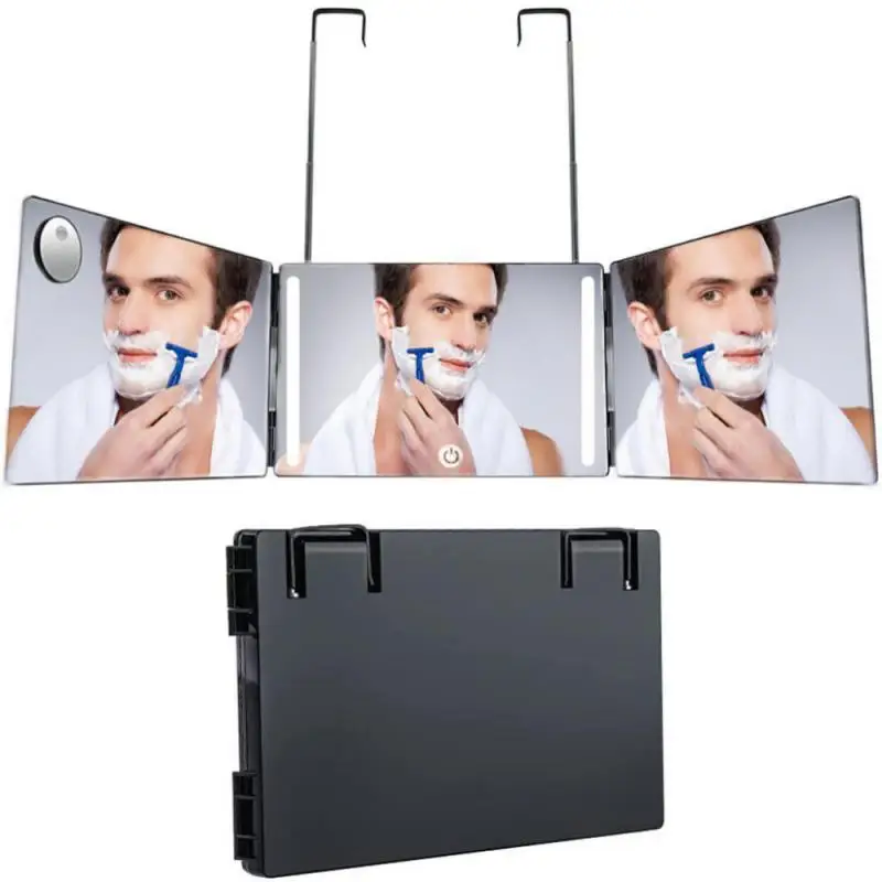 Fordable Black Portable 360 Trifold Mirror with Height Adjustable Telescoping Hooks Ideal for Self Hair Cutting Makeup Essential