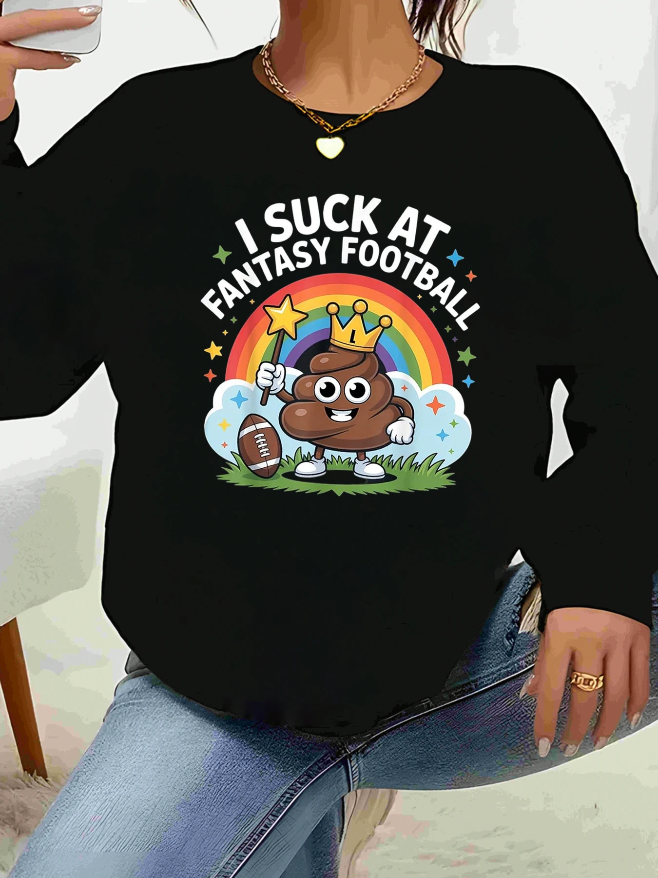 

Poo Emoji Fantasy Football Rainbow Print Long Sleeve T-Shirt Halloween Party Women's Casual Wear