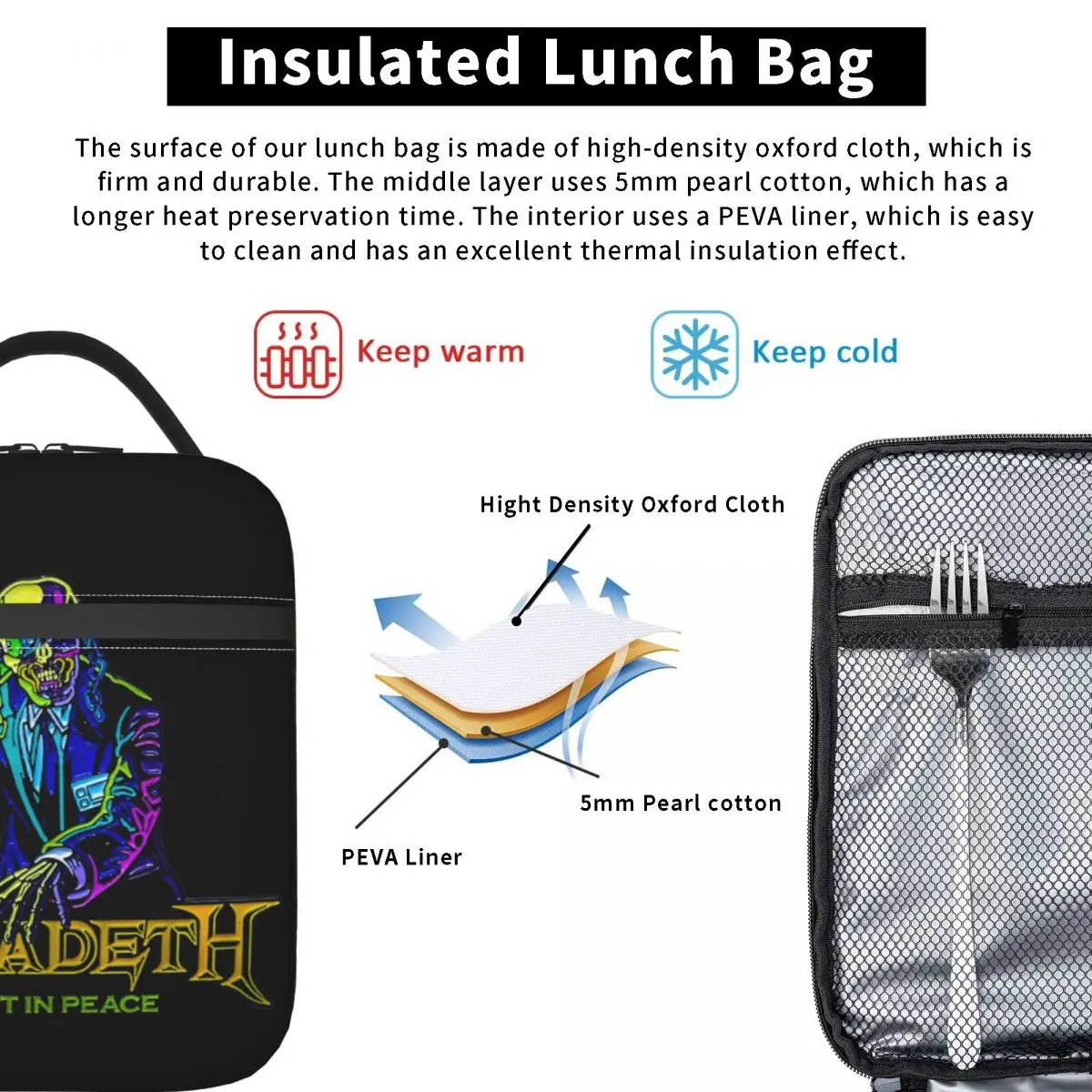 Megadeths Thrash Metal Band Insulated Lunch Bag Food Container Bags Reusable Cooler Thermal Lunch Boxes For Work