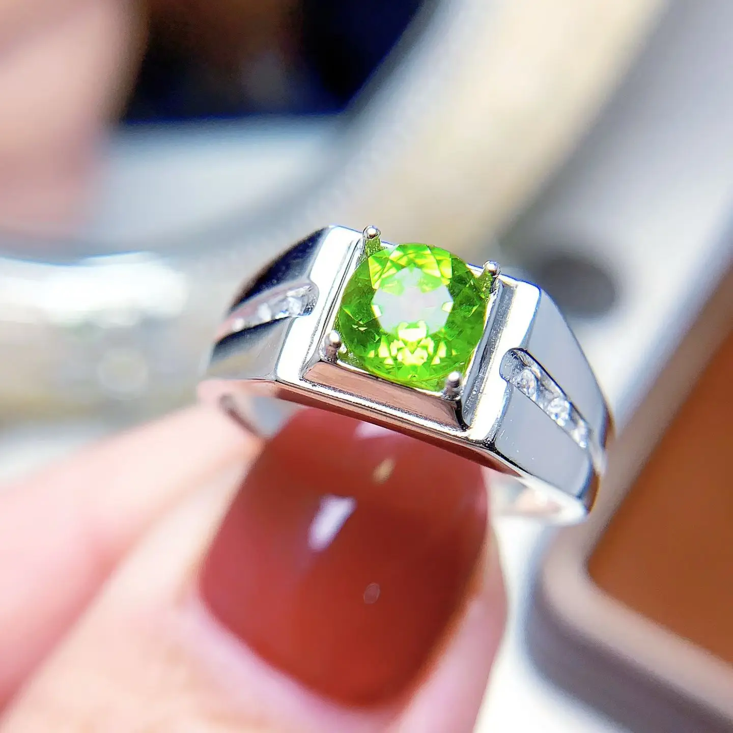 

Classic 925 Silver Men Ring Natural Peridot Ring with Jewelry Certificate 6mm 0.8ct Genuine Peridot Silver Jewelry for Men