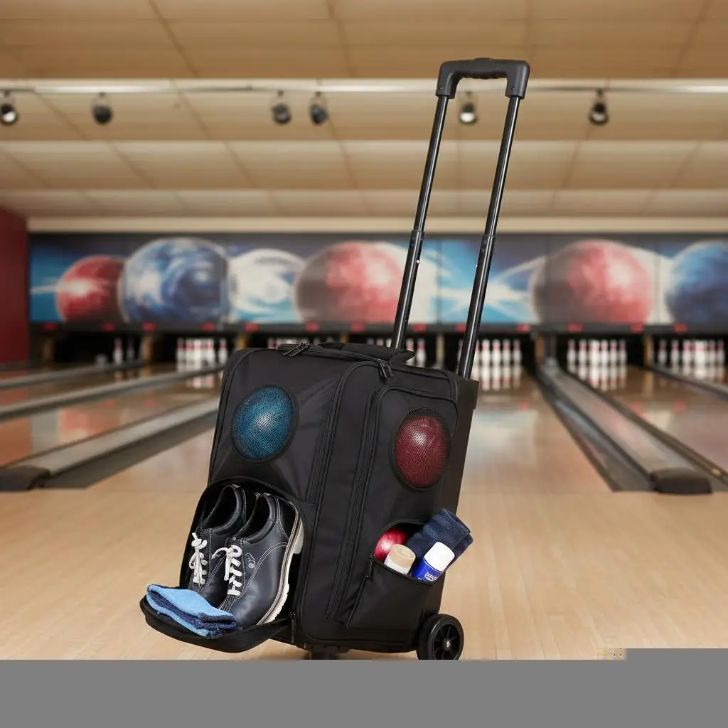Dual Ball Rolling Carrier 31x12x17in For Bowling Alley Tournament Practice, Padded Compartment Shoe Pocket Retractable Handle