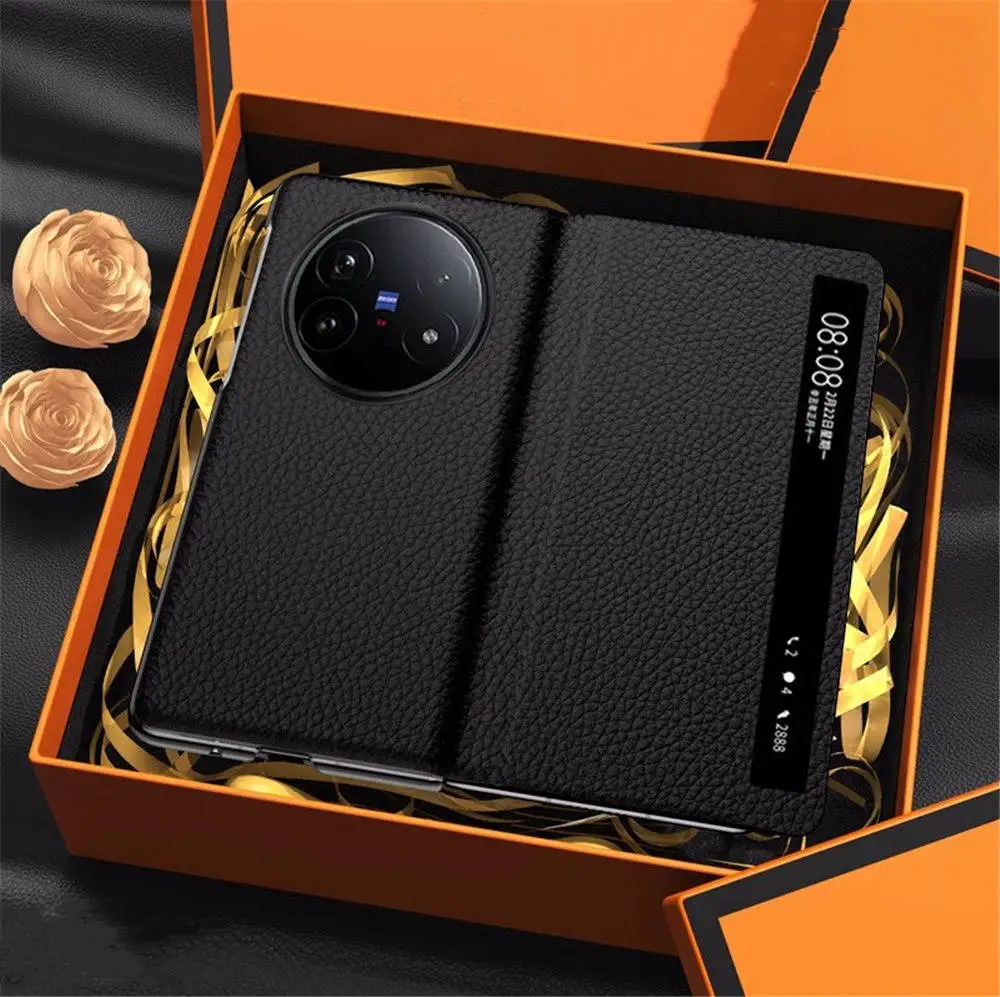

Premium Cowhide Leather Litchi Flip Case for Vivo X Fold5 Window View Business Cover