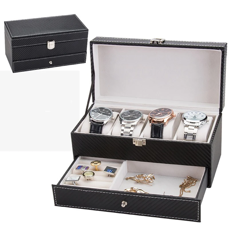 

4Grids Watch Boxes Double Carbon Fiber Storage Boxes Watch Case Holder Organizer for Jewelry Boxes Luxury Display Best Gifts