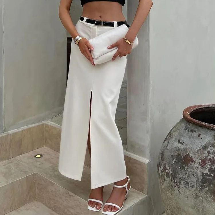

Ele Commute High Waist White Asymmetrical Hemline Bodycon Skirt Women's Faion Spring Autumn Polyester Midi Skirt
