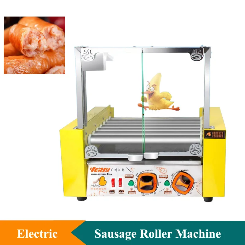 Electric Mini Yellow Color 7 Roller Hot dog Grill Machine Little Yellow Duck Cartoon Sausage Making Machine With Glass Cover