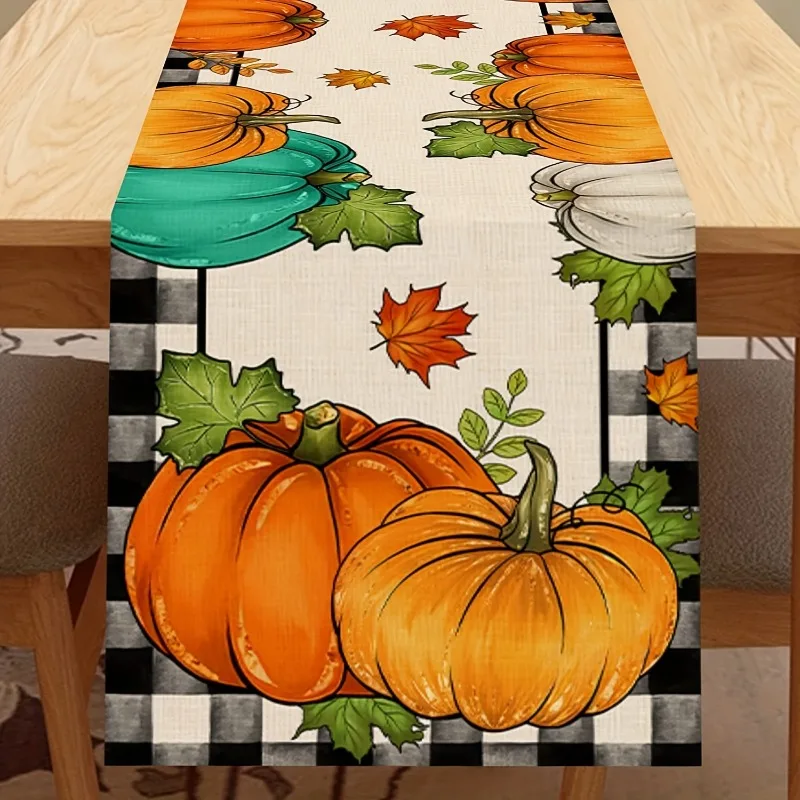 

Pumpkin Maple Leaf Plaid Printing Table Runner Thanksgiving Holiday Atmosphere Table Runner Home Decor Holiday Party Fabric Art