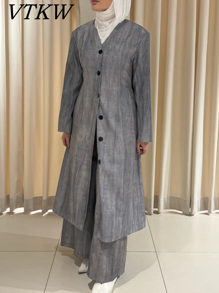 

VTKW Высококачественный новый женский пиджак весны 2025 года с v-образным вырезом и градиентным принтом на одной пуговице — стильное и универсальное длинное пальто