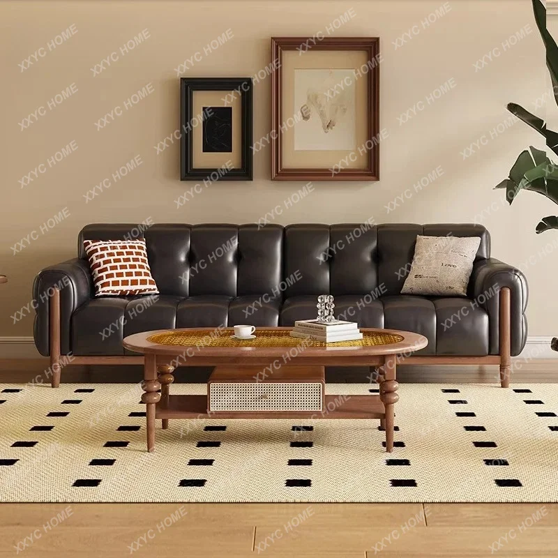Retro Leather Sofa First Layer Cowhide Living Room Straight Row  Medium Antique Black