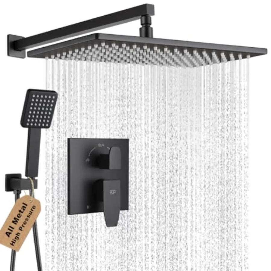 

Matte Black Shower Faucet Set Rainfall 15 Inch Thickened Shower Head and Handle Set Bathroom Shower System Wall Mounted Shower