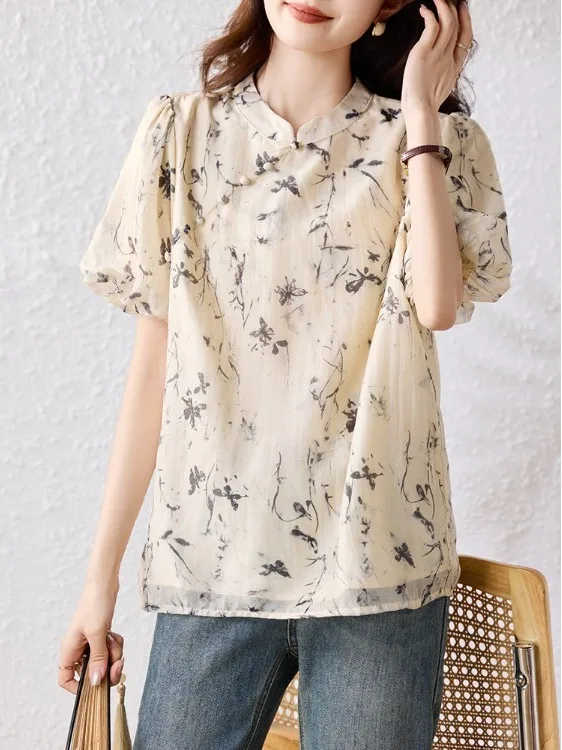 

New Chinese Sle Women's irt Summer Water-Mark Bamboo Print Vintage High-End Feeling Personali Top Loose Fit Casual Sle