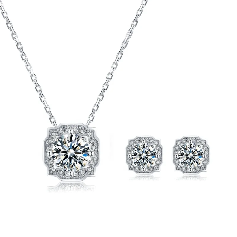 

Fashion Rhodium Plated 925 Sterling Silver Moissanite Diamond Geometric Halo Pendant and Earrings Sets For Women