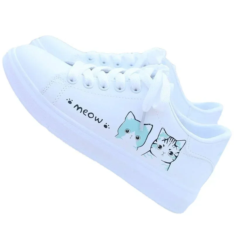 2024 New Arrival Fashion Lace-up Women Sneakers Women Casual Shoes Printed summer Women Pu Shoes Cute Cat  Shoes