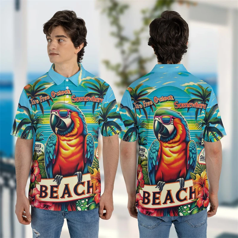 Parrot Birds Polo Shirts For Men Summer Hawaii Vacation Beach Short Sleeve POLO Shirt Tropical Cockatoo Bird Y2K Psittacine Tees