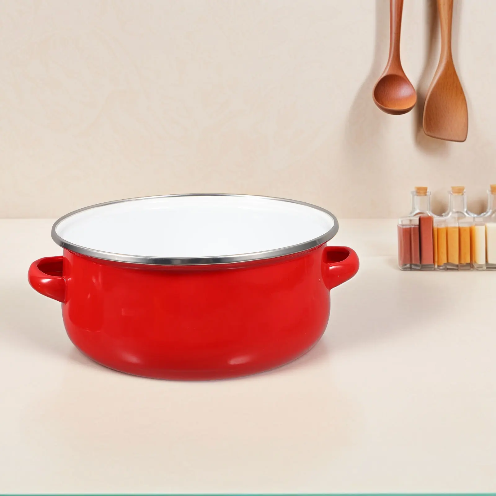 Olla para estofado esmaltada, Color tomate, 20Cm, tapa de doble mango, cocina casera, olla de cocina multifuncional, sopa, estofado, olla caliente de inducción