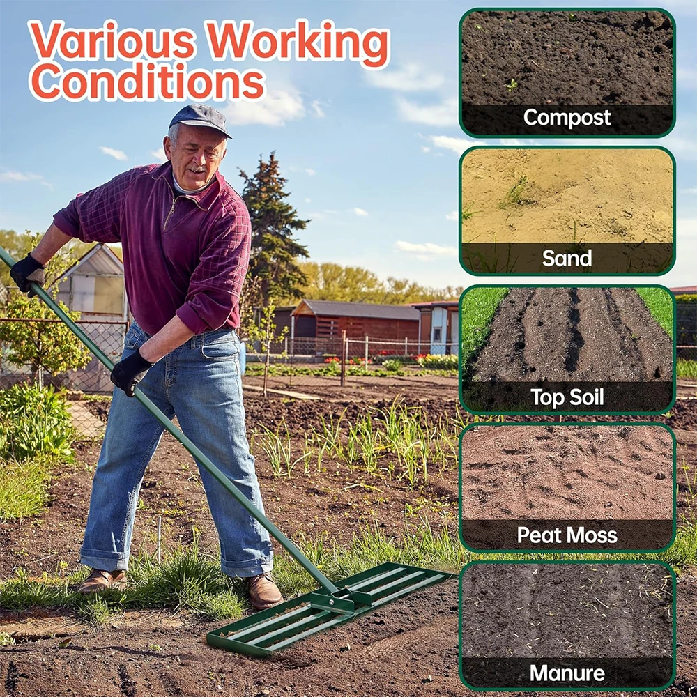 

75cm Lawn Levelling Rake Levelawn Tool Extra Long Handle Garden Tool for Grass Surface Preparation Stainless Steel