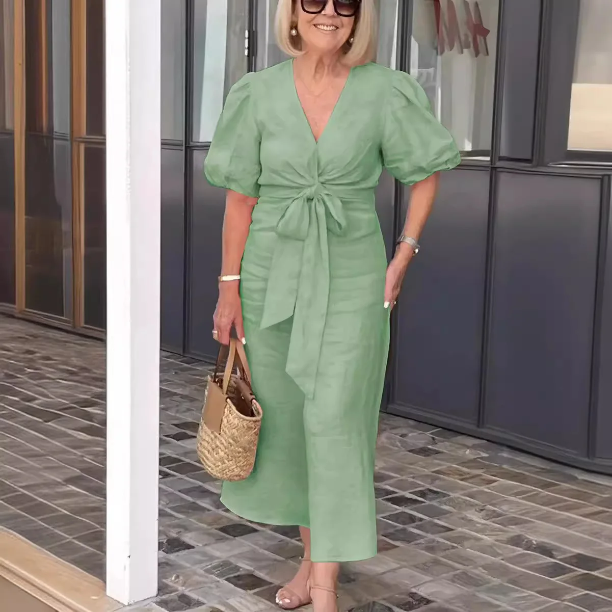 

Women's Clothing 2024 Spring Summer New V-Neck Tie Bubble Sleeve Cotton Dress