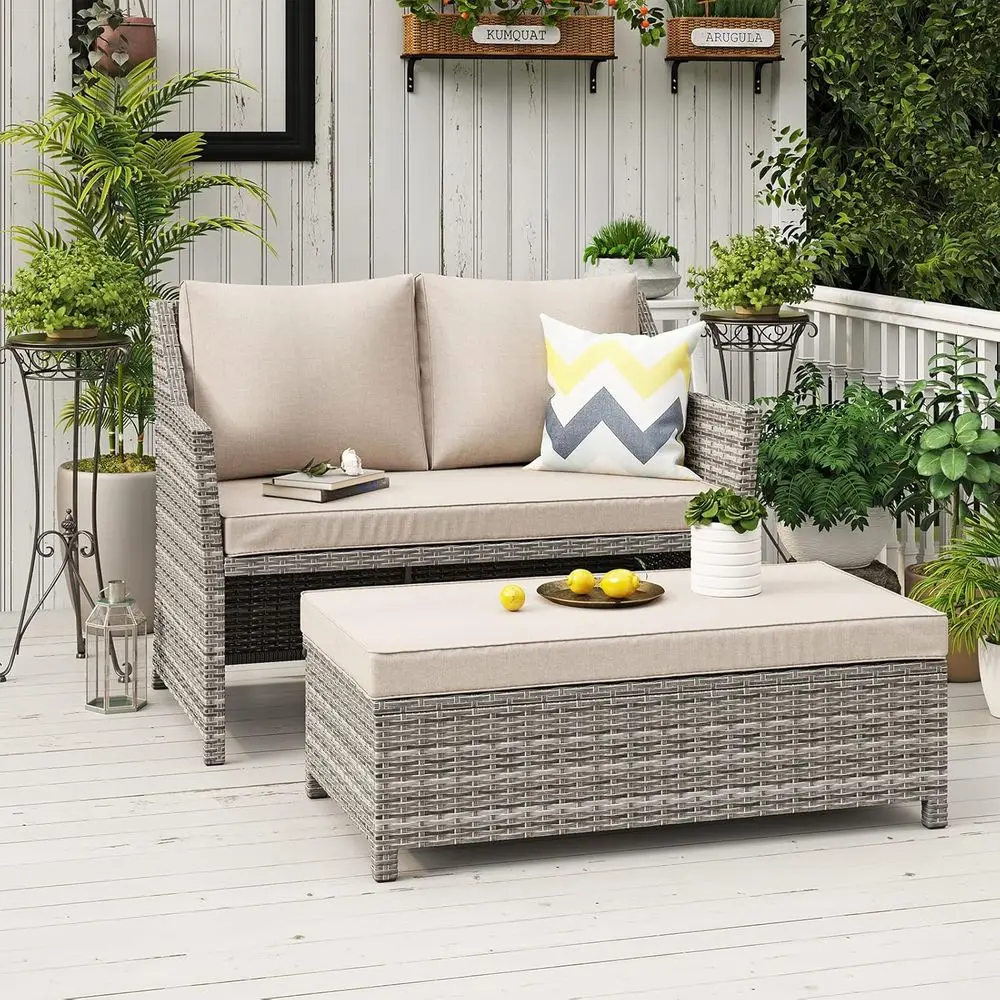 

Grey Rattan Outdoor Patio Wicker Loveseat and Coffee Table Set with Storage, Beige Cushions