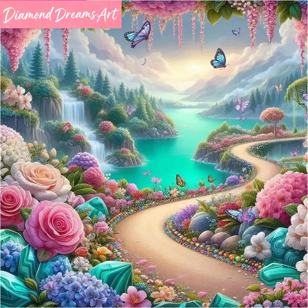 Diamant-Malerei Wasserfall DIY Blumen-Diamant-Mosaik Fluss-Landschaft Berg Vollquadratisch Rund Straßen-Heimdekoration